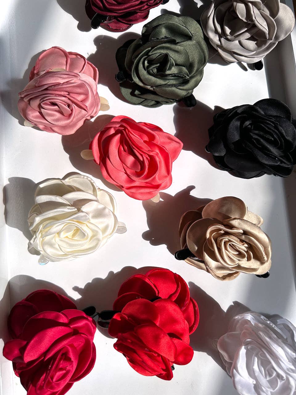 Solar Eclipse | Handmade Big Satin Rose Flower Hair Claw Clip - Red