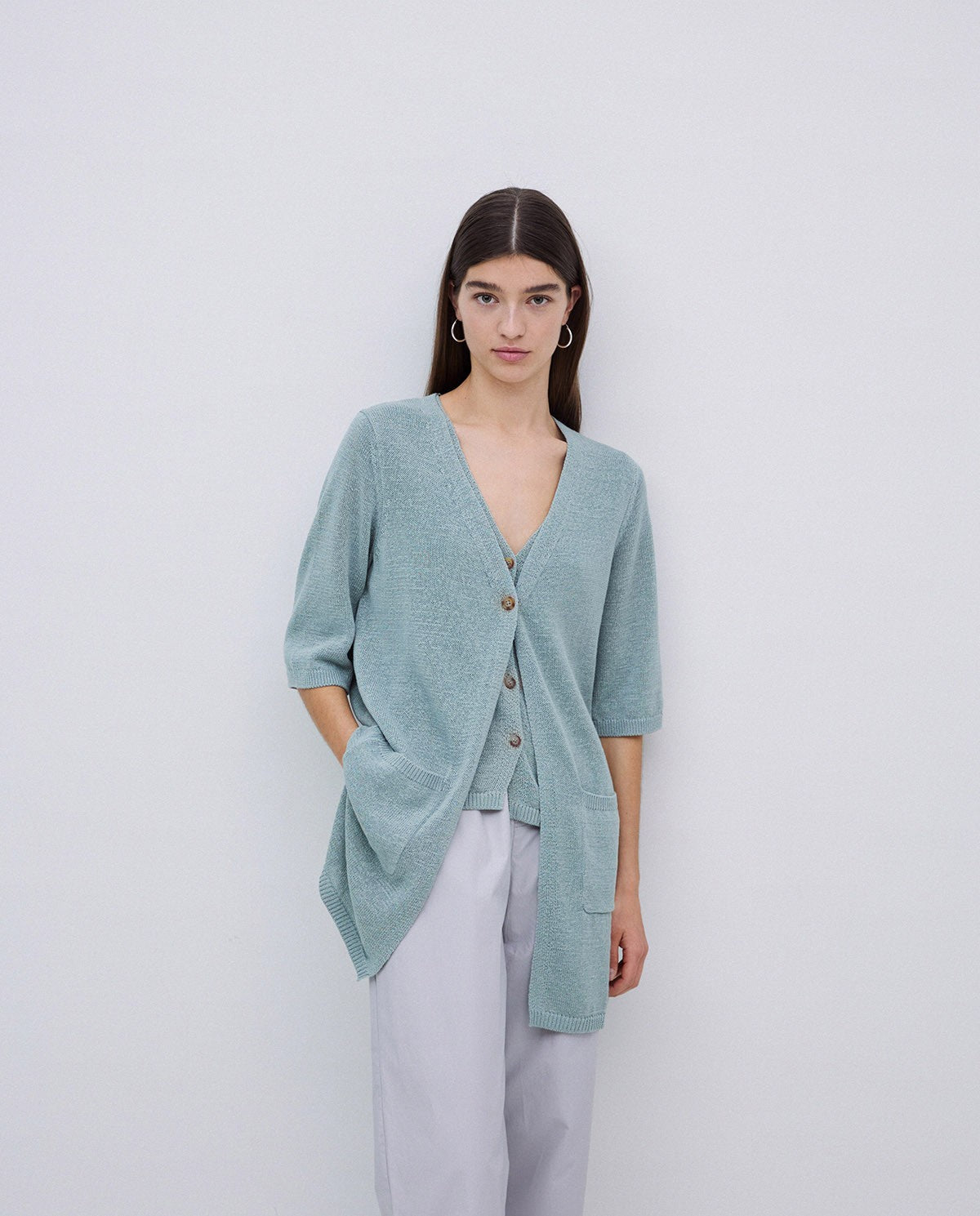 Yerse | Long Knit Cardigan - Light Green