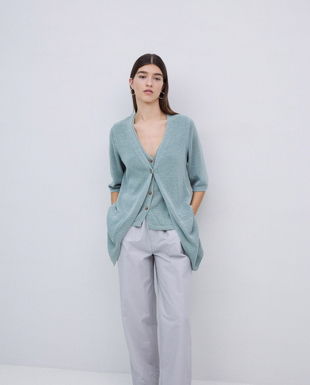 Yerse | Long Knit Cardigan - Light Green