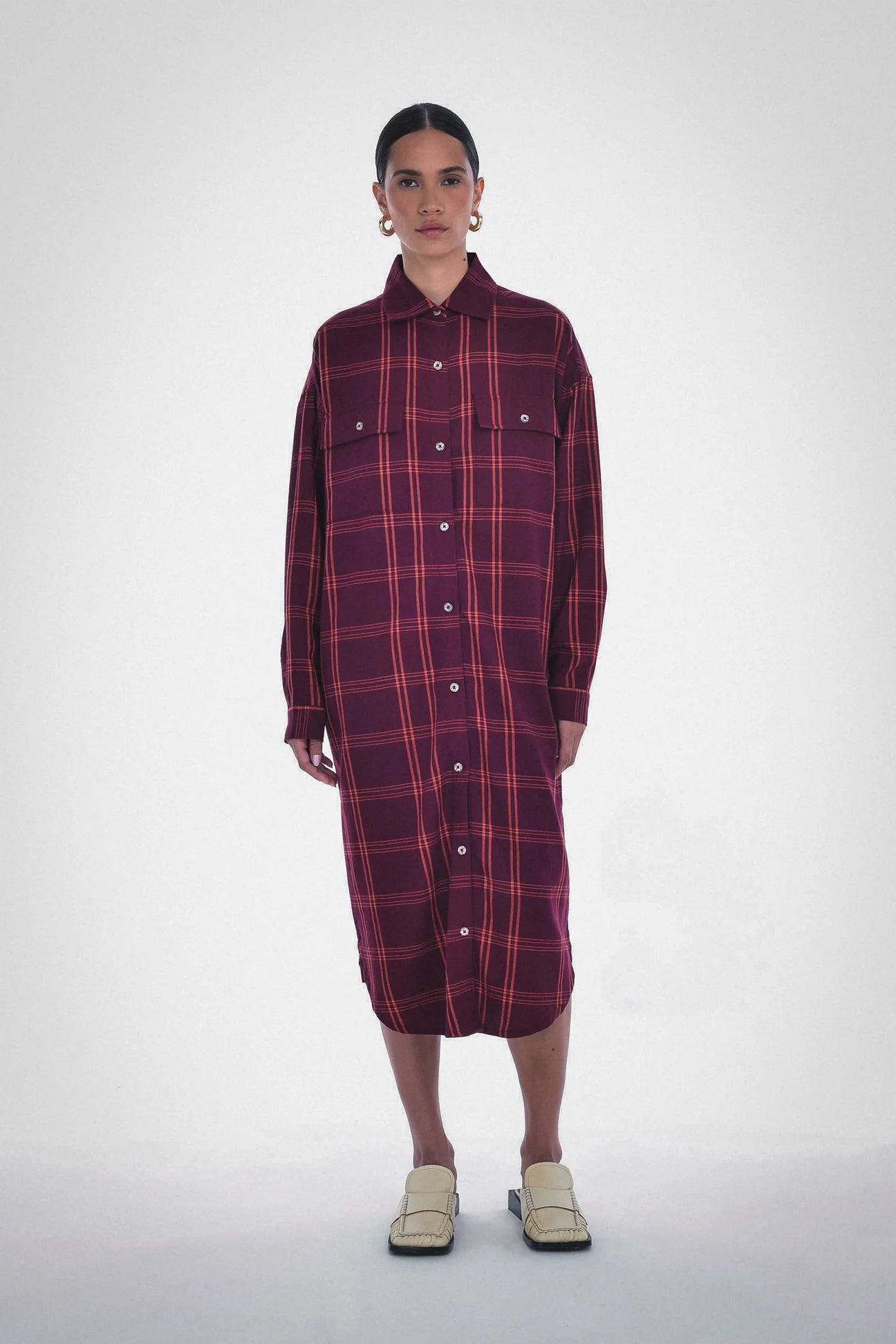 Paper Label | Marin Plaid Shirt Dress - Dark Cherry
