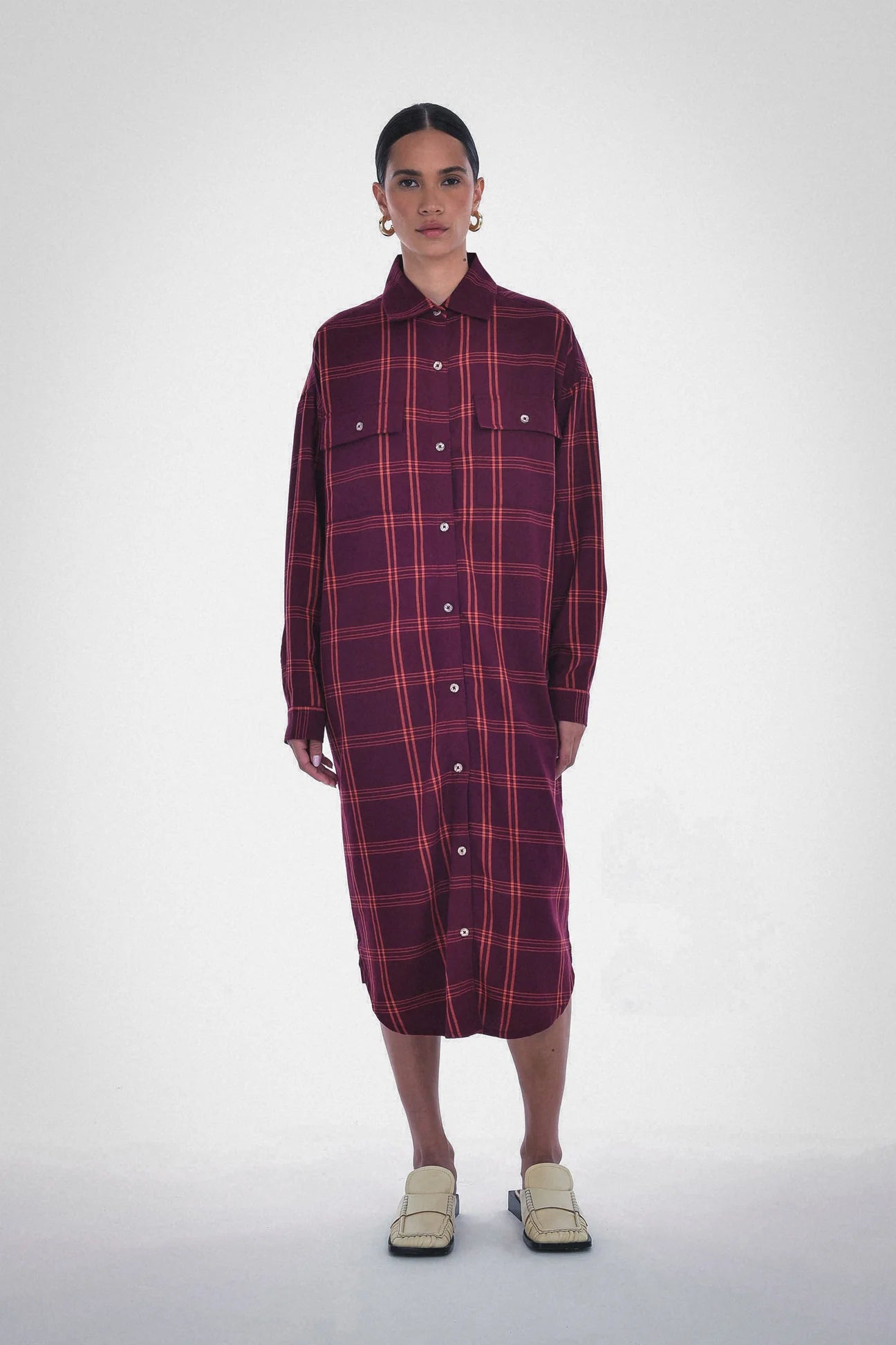 Paper Label | Marin Plaid Shirt Dress - Dark Cherry