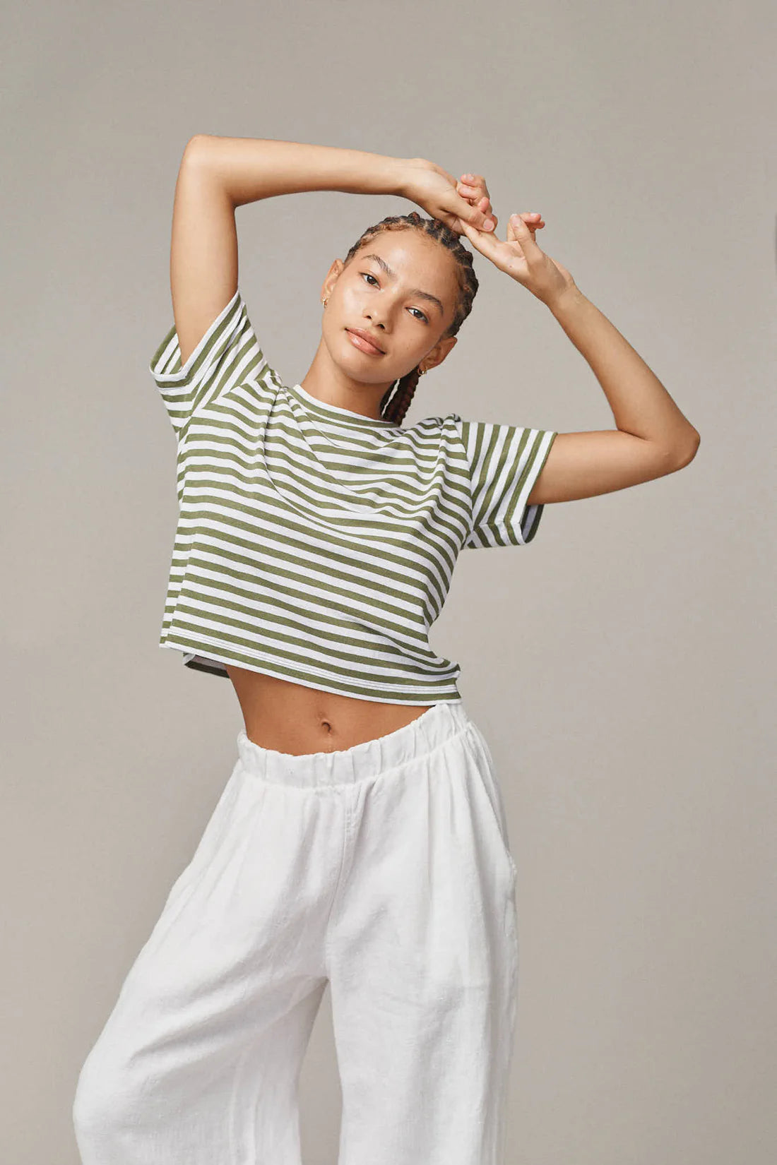 Jungmaven | Cropped Lorel Tee - Olive\White Striped