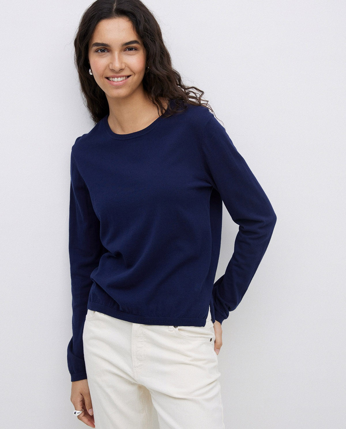 Yerse | Round-Neck Cotton Jumper - Navy