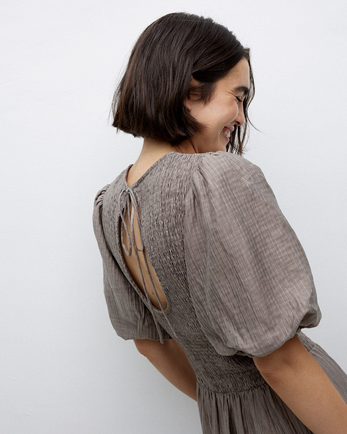 Yerse | Long Puffed-Sleeve Dress - Khaki
