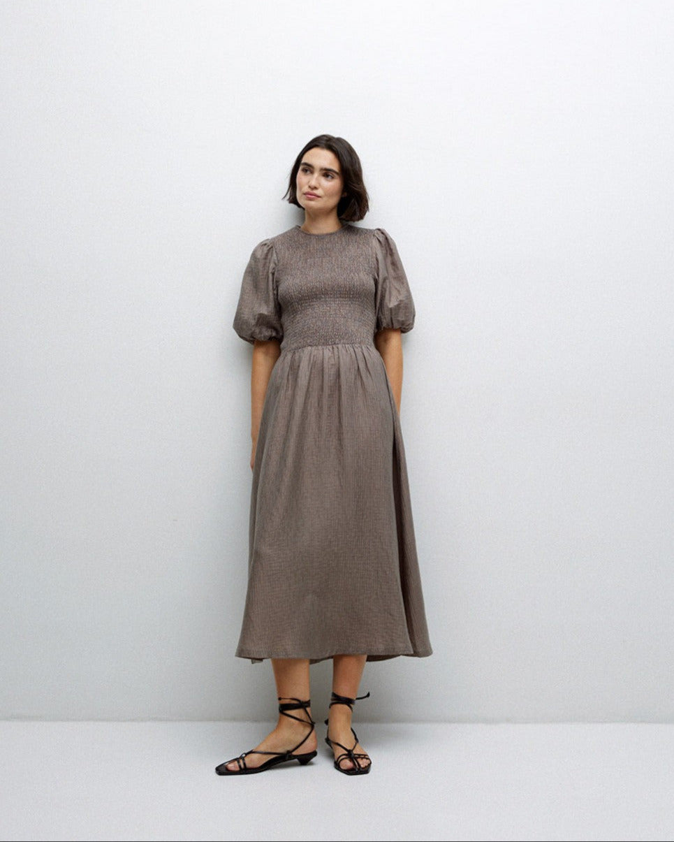 Yerse | Long Puffed-Sleeve Dress - Khaki