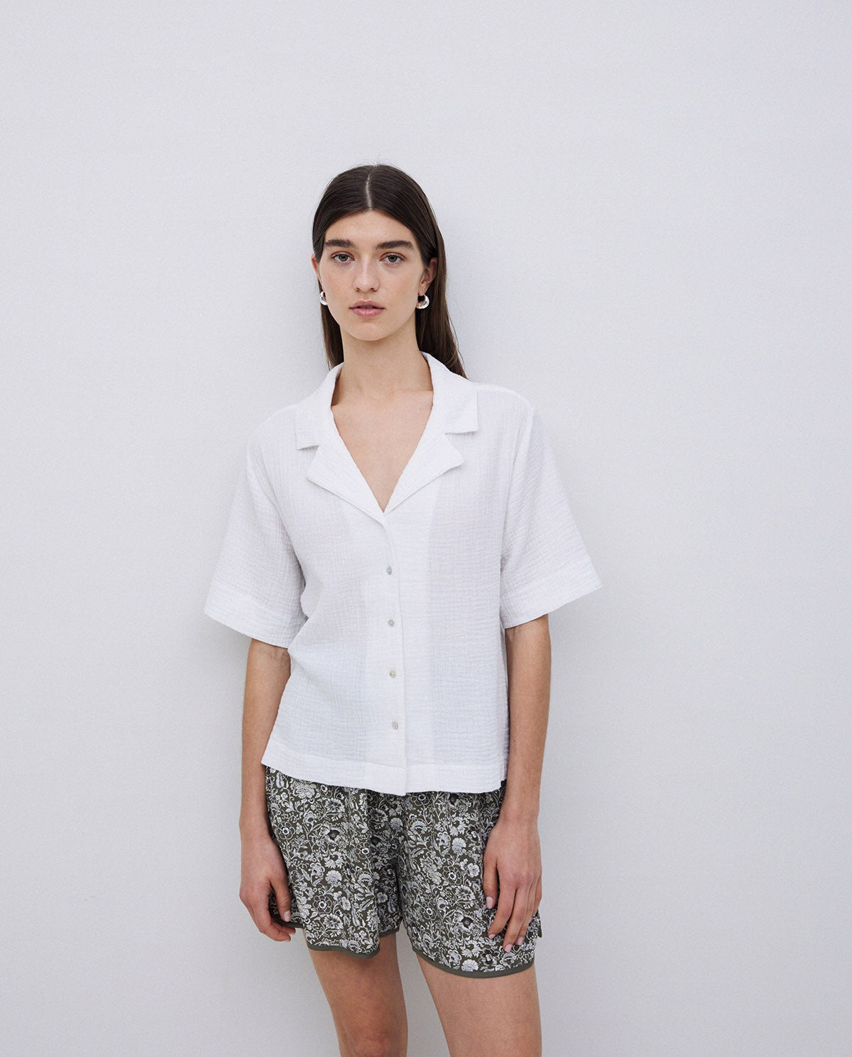 Yerse | Two Material Lapel Shirt, Gauzy Cotton - White