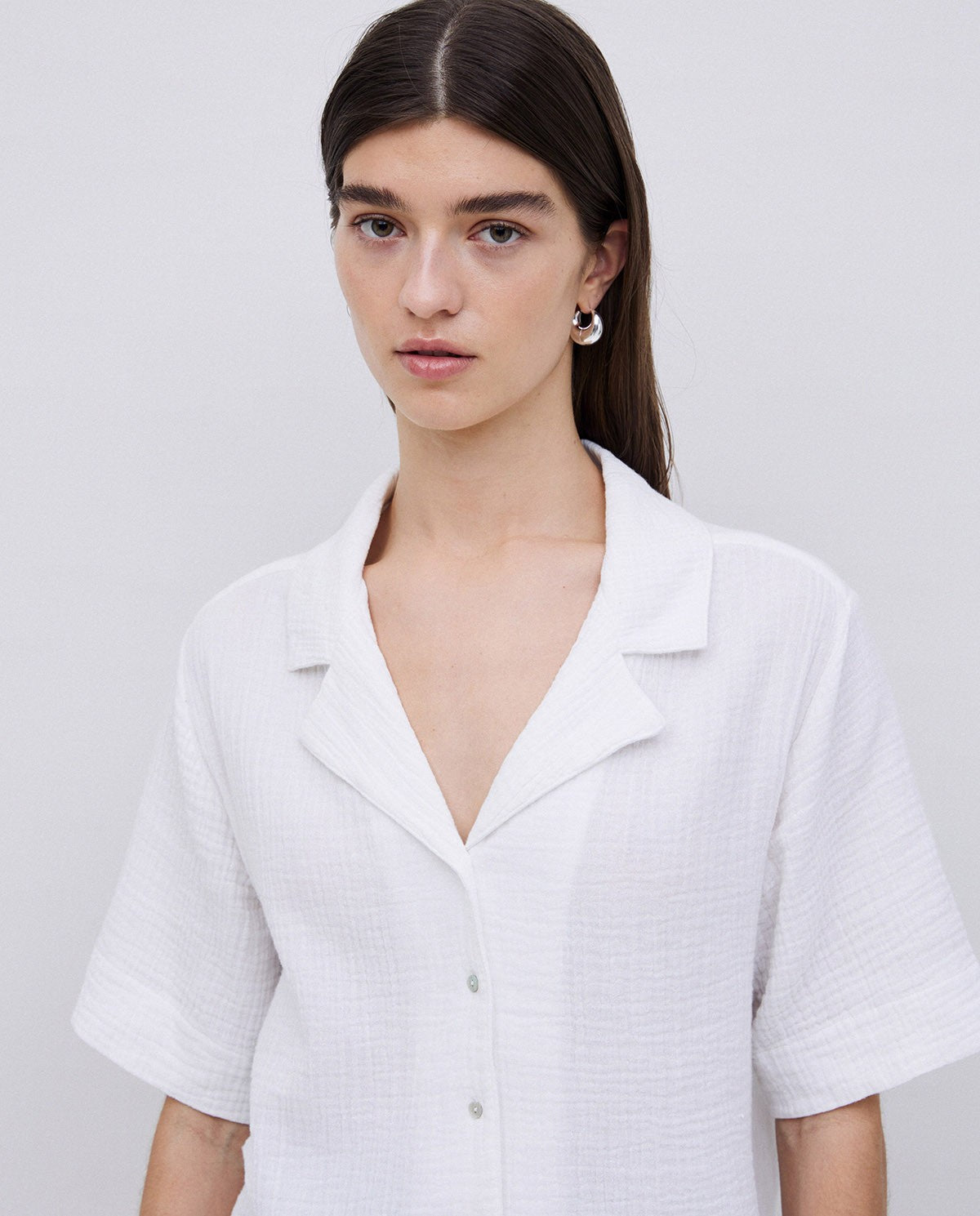 Yerse | Two Material Lapel Shirt, Gauzy Cotton - White