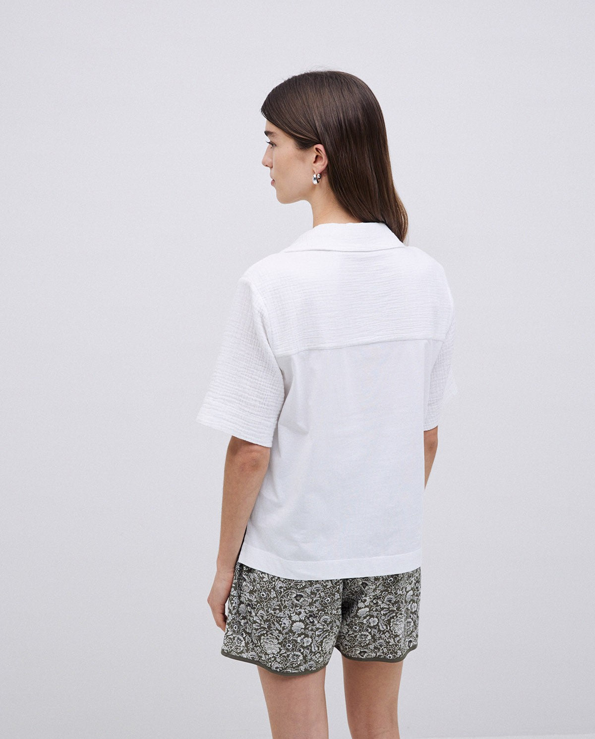 Yerse | Two Material Lapel Shirt, Gauzy Cotton - White