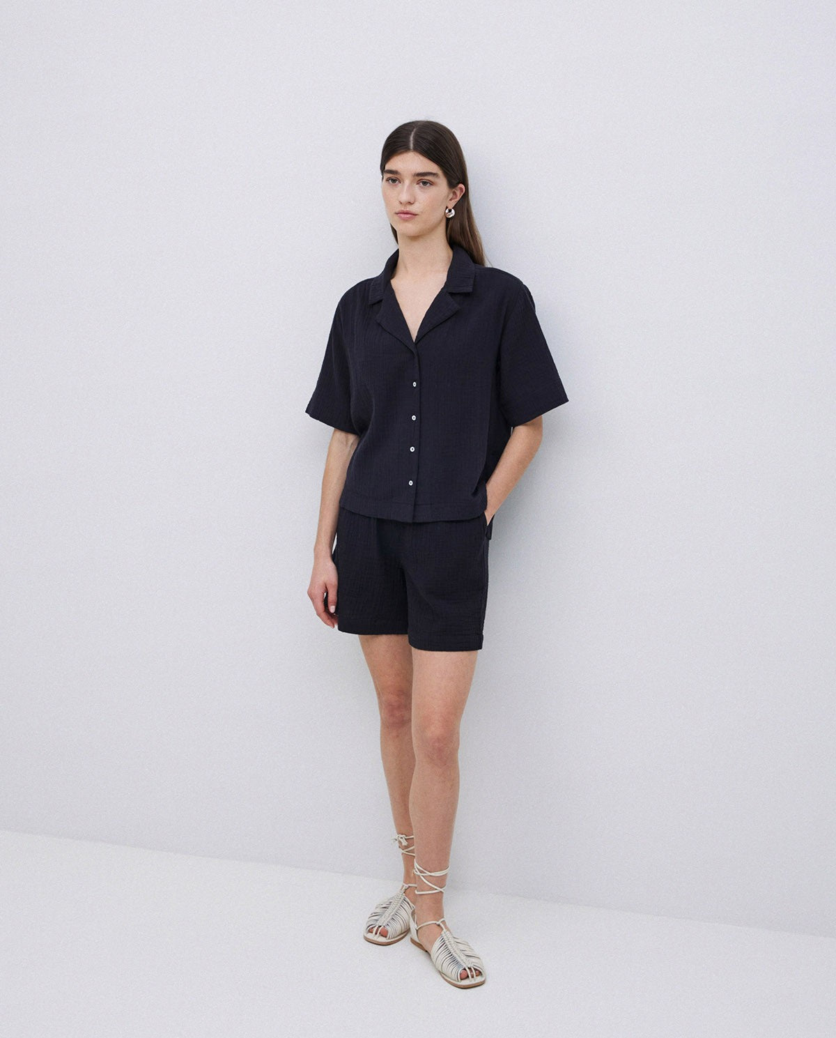 Yerse | Two Material Lapel Shirt, Gauzy Cotton - Black
