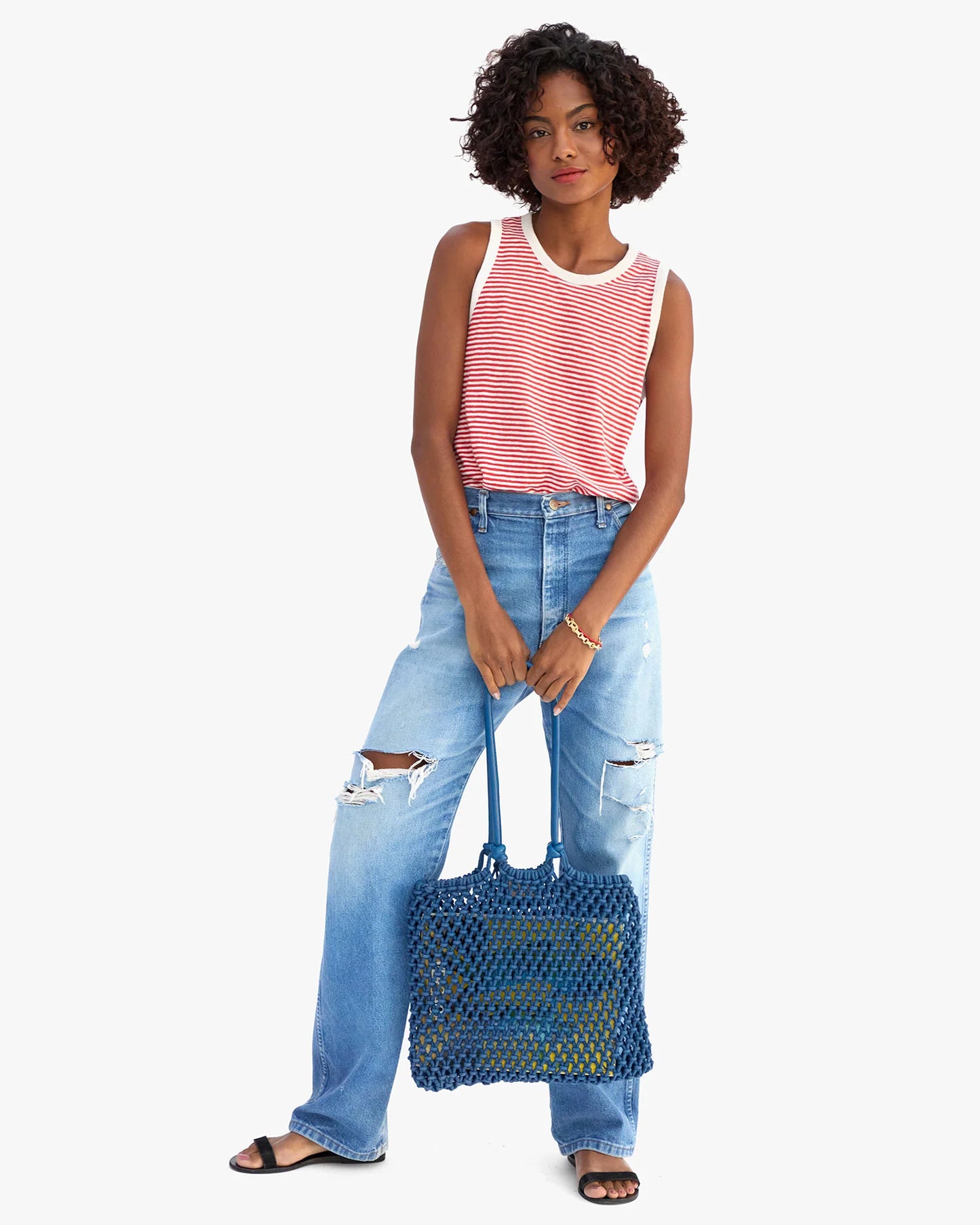 Clare V | Camp Fit Tank - Cotton/Linen Mini Stripe - Bright Poppy Cream