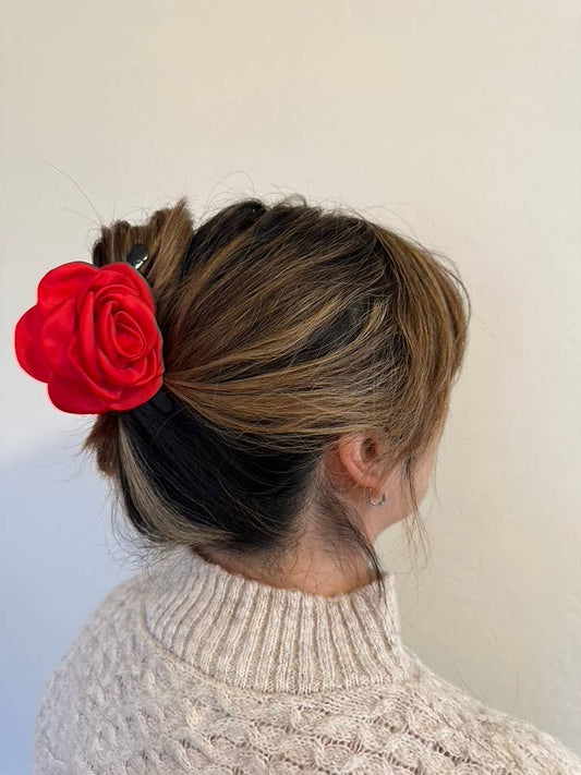 Solar Eclipse | Handmade Big Satin Rose Flower Hair Claw Clip - Red