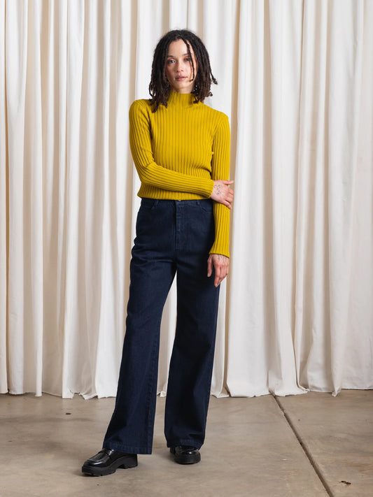 Ali Golden | Ribbed Mock Neck Sweater - Chartreuse
