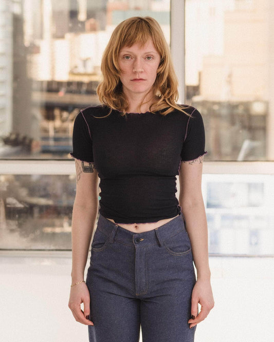 Baserange | Vein Tee  Shirt - Fine Organic Cotton Rib - Navy/ Purple