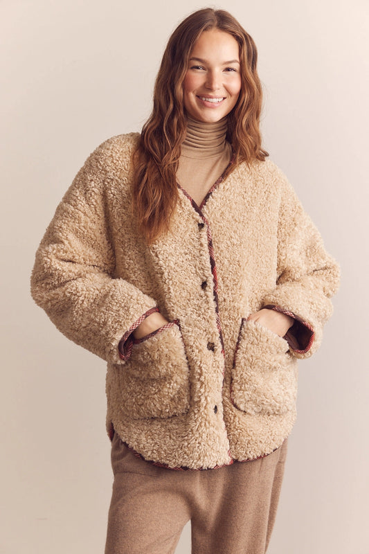 Amente | Wool Blend Shepherd Reversible Cardigan - Oatmeal/Brown