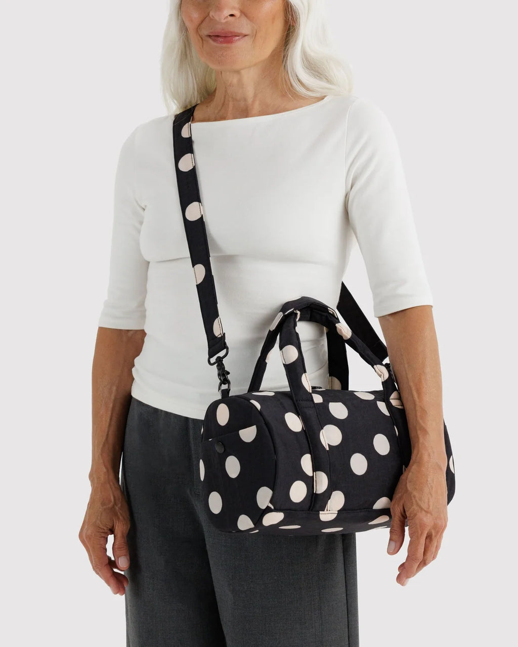 Baggu | Nylon Duffle Bag - Black and Cream Polka Dot