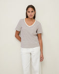 Yerse | Striped Organic Cotton V-Neck T-shirt - Hunter Green