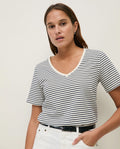 Yerse | Striped Organic Cotton V-Neck T-shirt - Navy