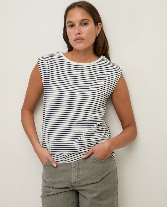 Yerse | Sleeveless Striped Basic T-shirt - Navy