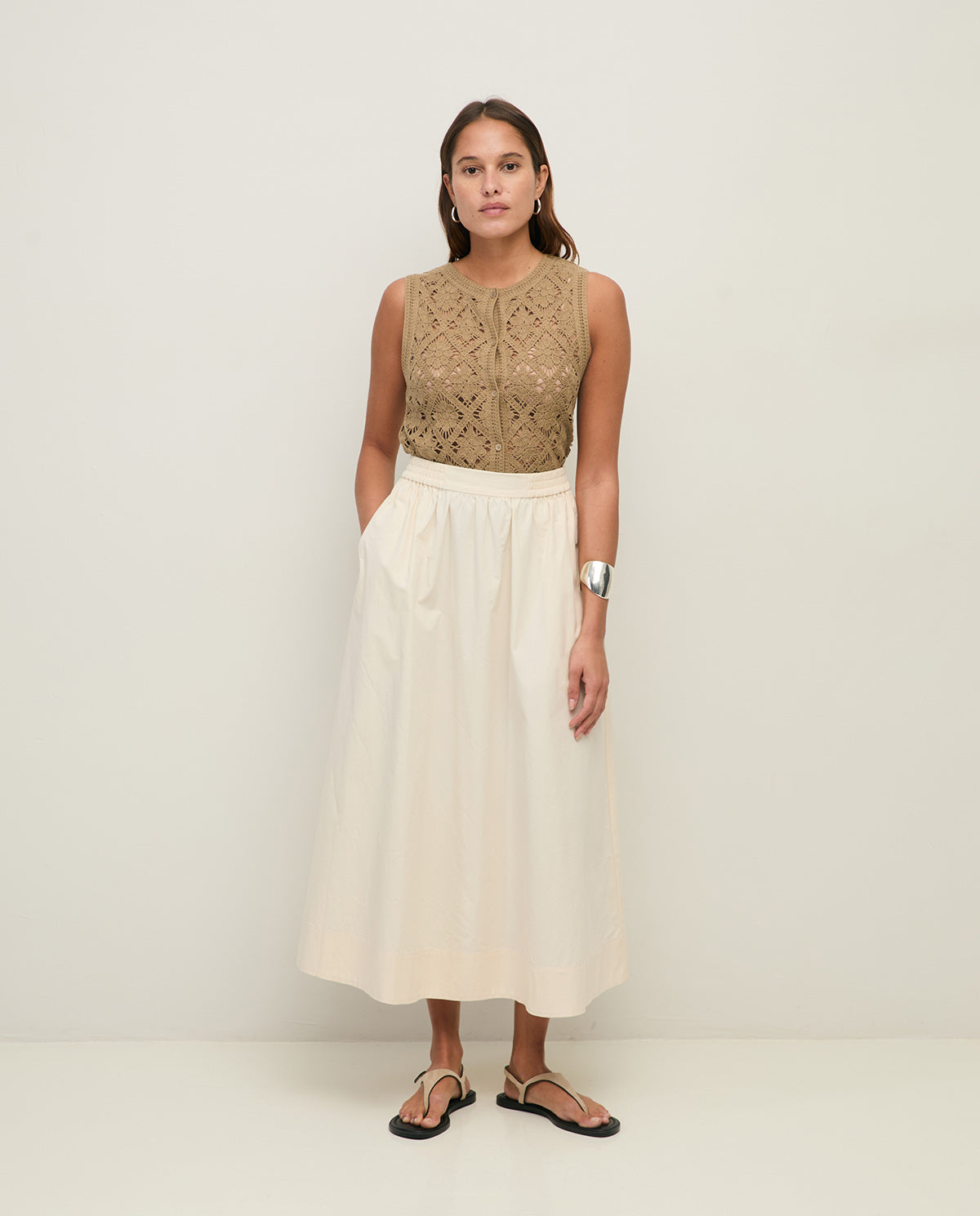 Yerse | Long Cotton Poplin Skirt - Ecru