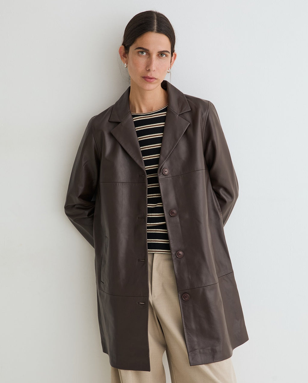 Yerse | Leather Midi Coat - Dark Brown