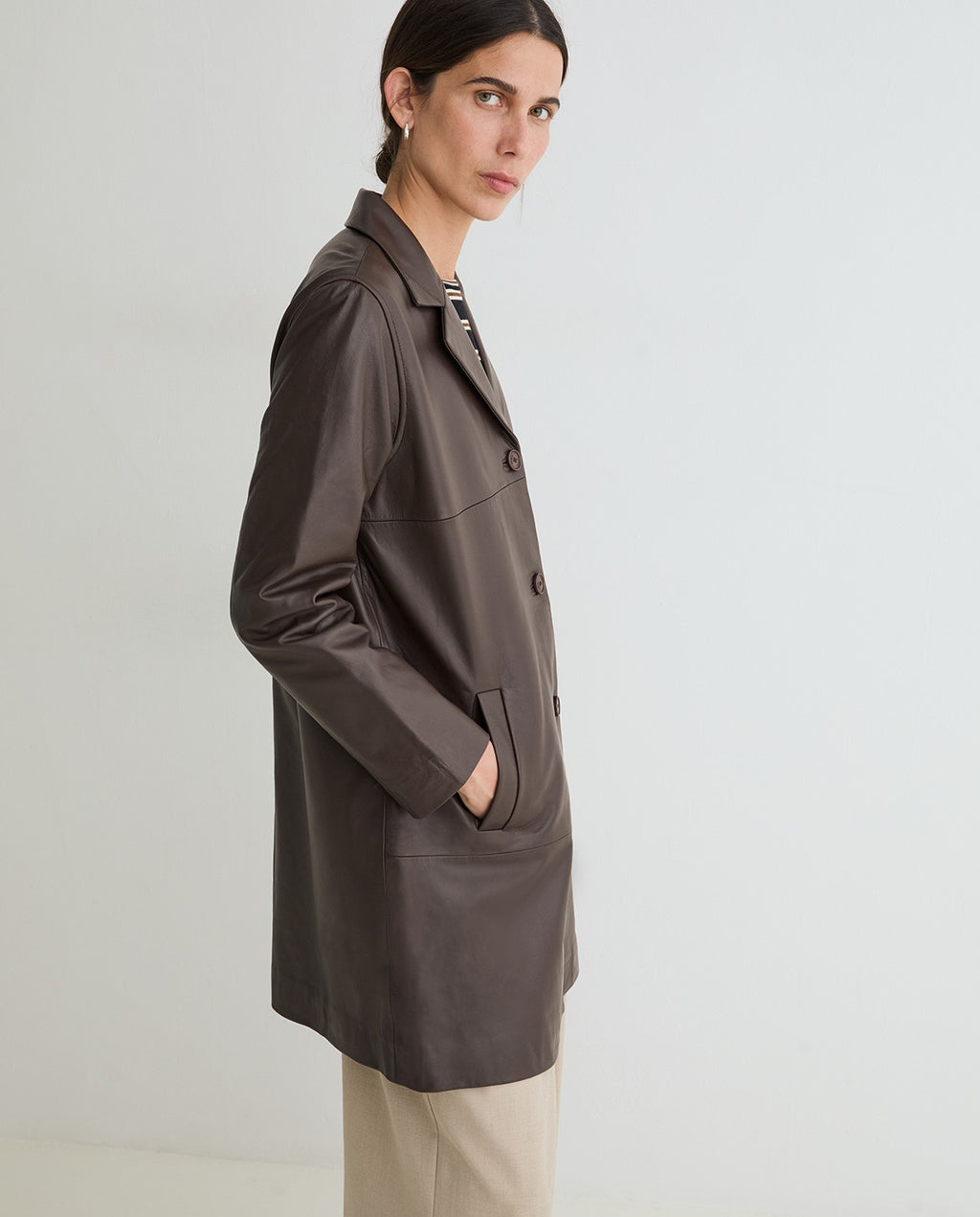 Yerse | Leather Midi Coat - Dark Brown