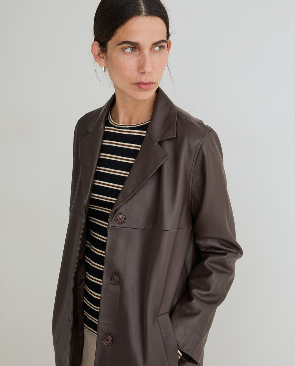 Yerse | Leather Midi Coat - Dark Brown