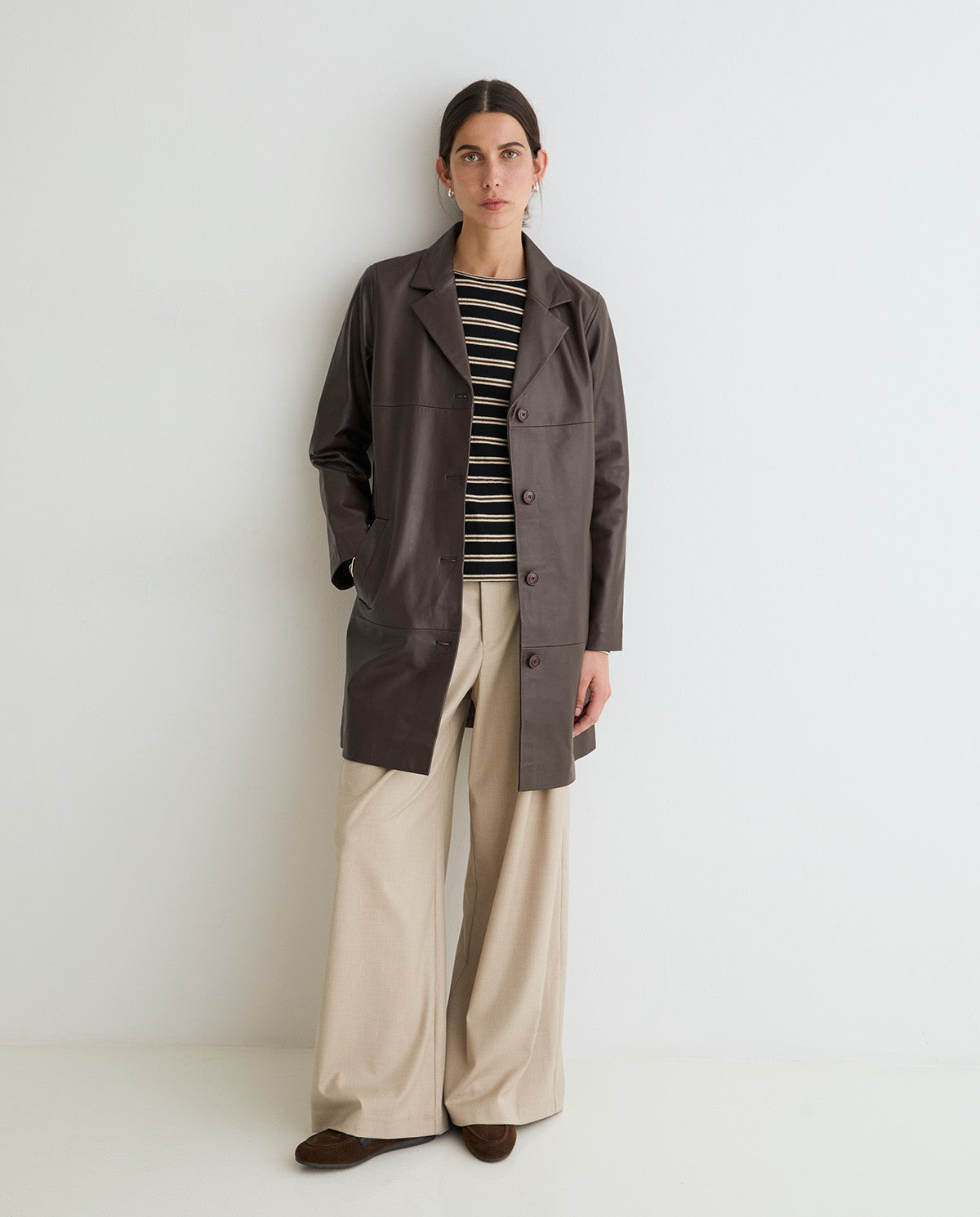 Yerse | Leather Midi Coat - Dark Brown
