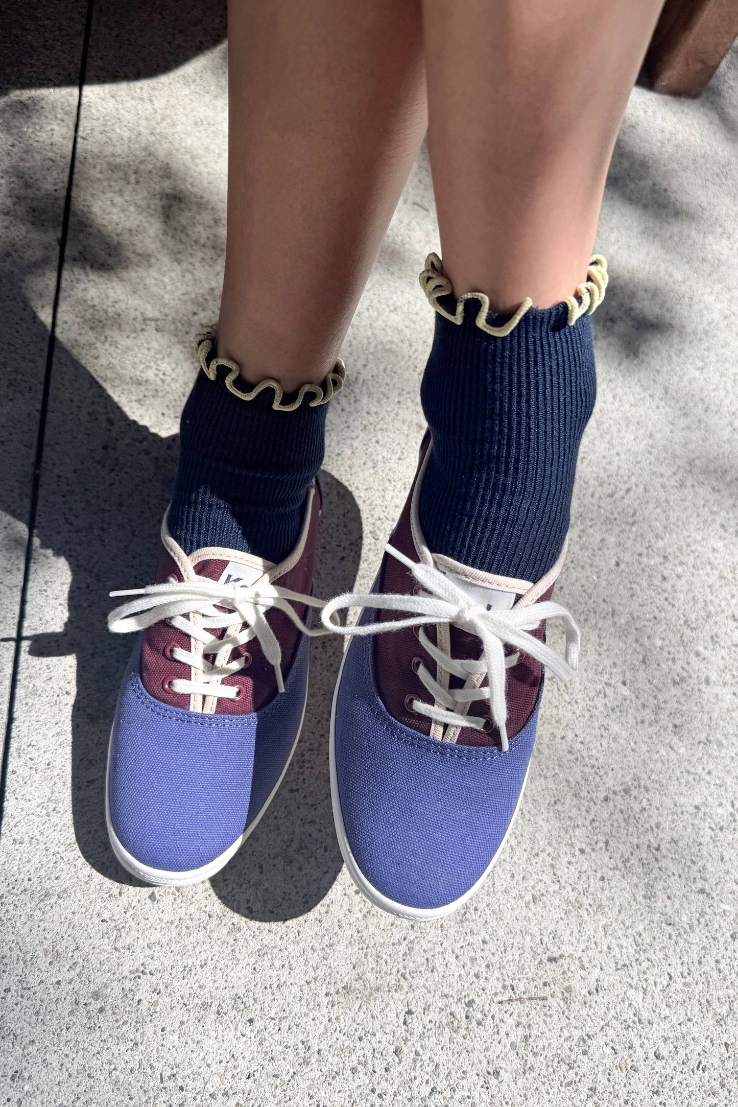 Le Bon Shoppe | The Petite Ruffled Modal Socks - Navy/ Butter