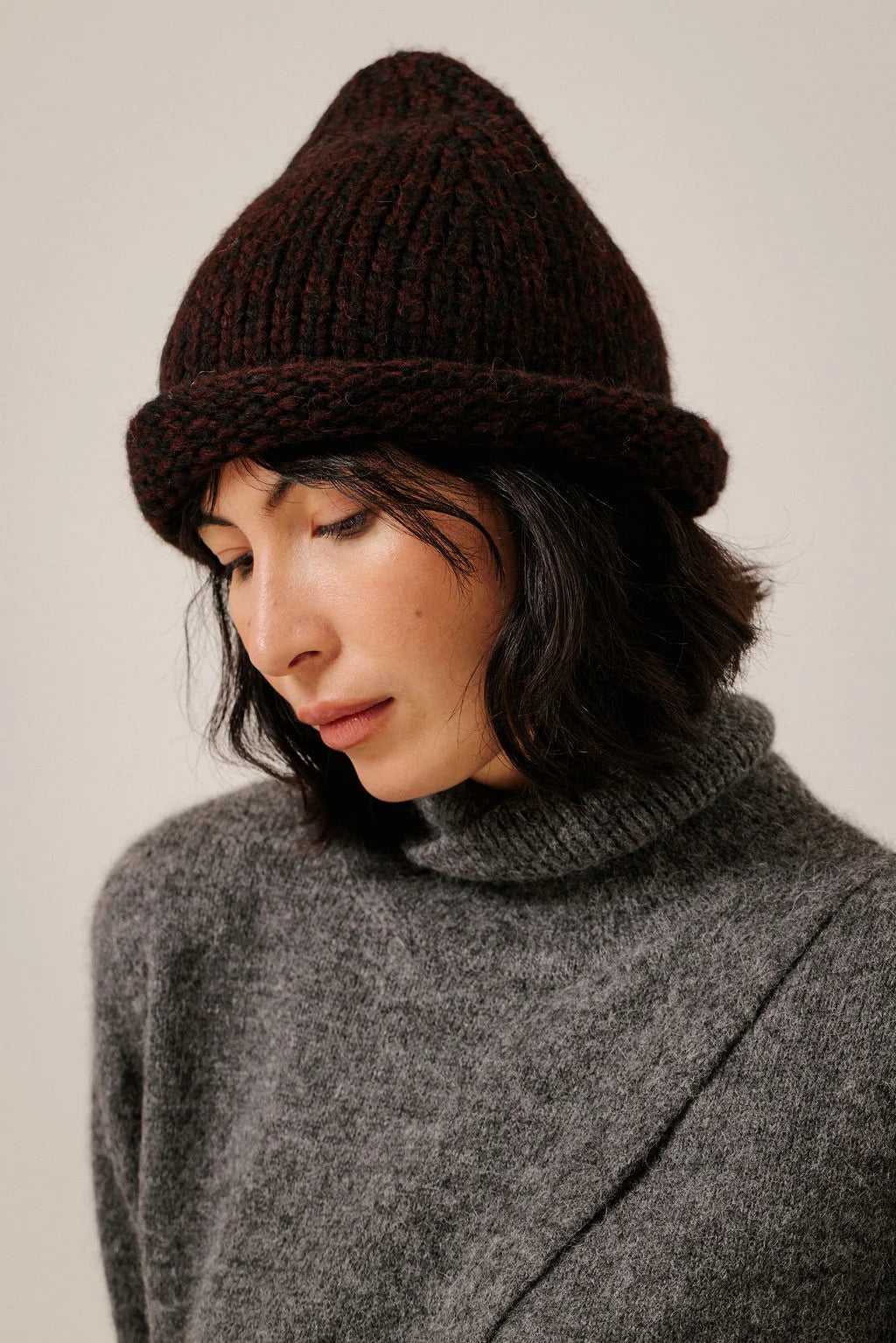 Bare Knitwear | Baby Alpaca Roll Hat - Maroon Marl