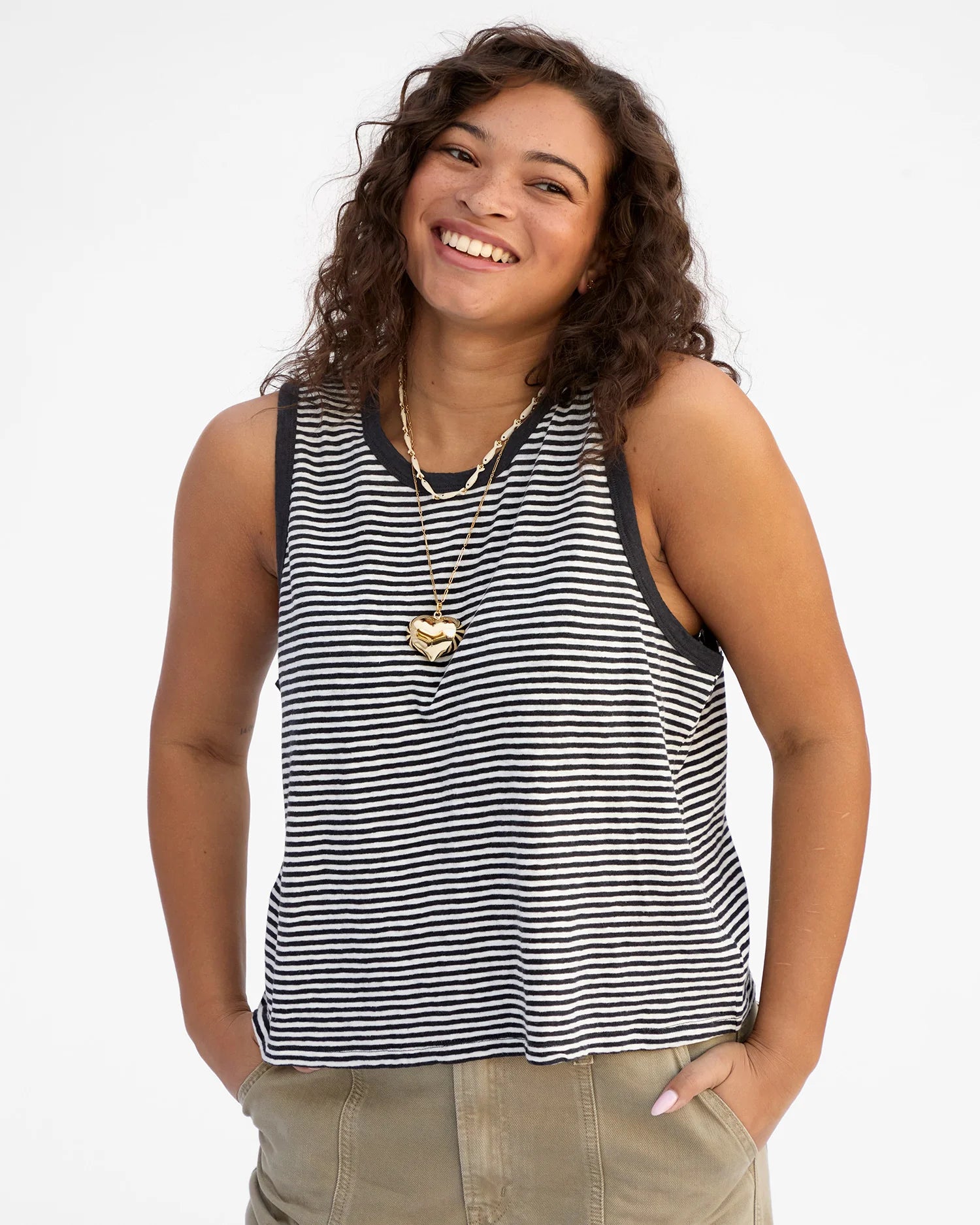Clare V | Camp Fit Tank - Cotton/Linen Mini Stripe - Cream/ Black