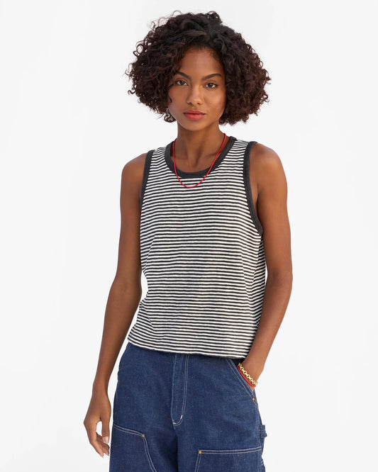 Clare V | Camp Fit Tank - Cotton/Linen Mini Stripe - Cream/ Black