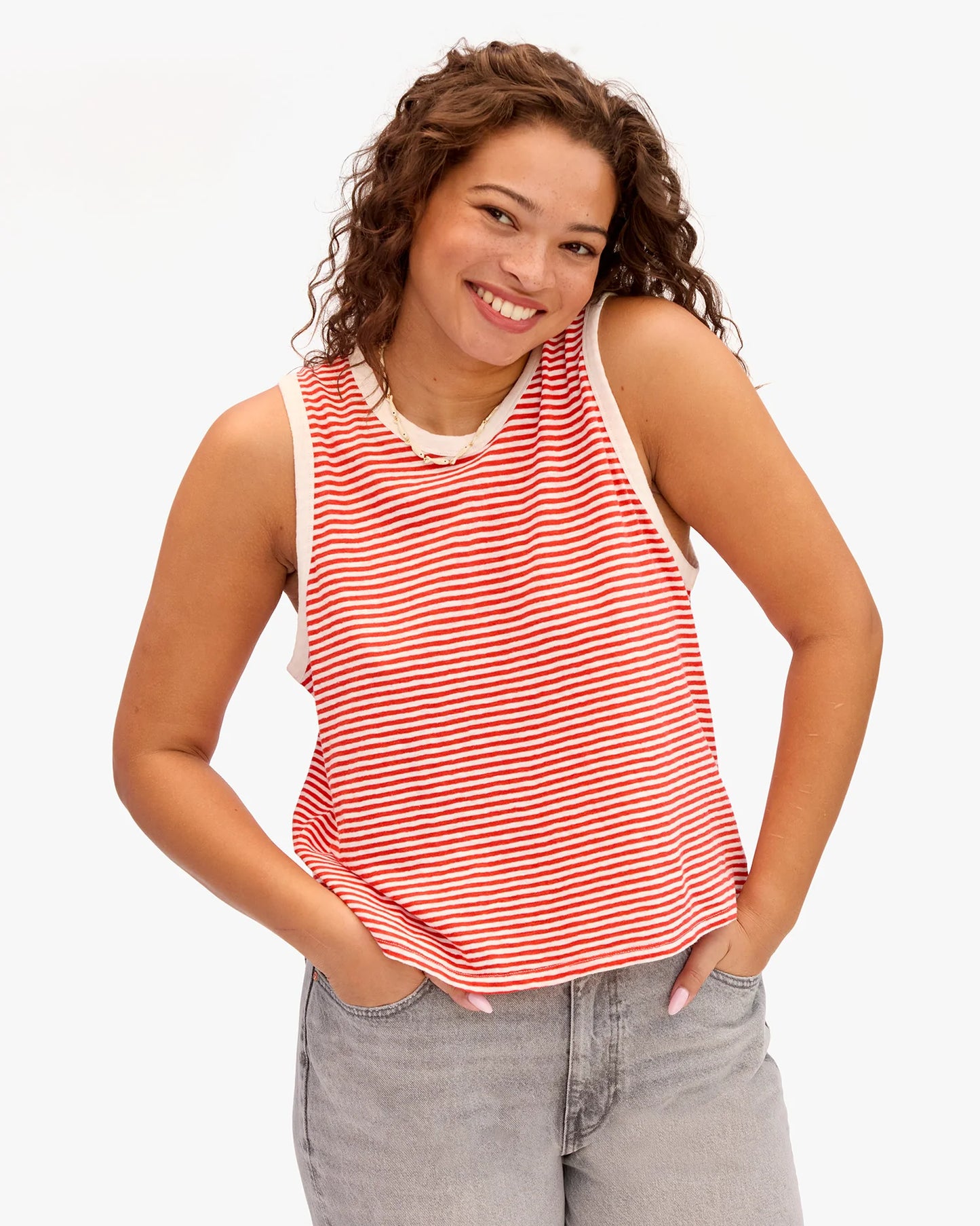 Clare V | Camp Fit Tank - Cotton/Linen Mini Stripe - Bright Poppy Cream
