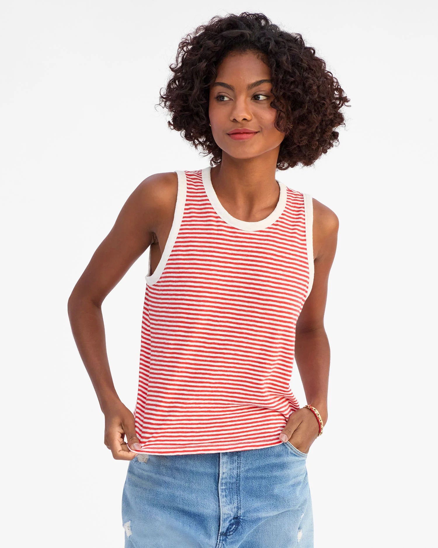 Clare V | Camp Fit Tank - Cotton/Linen Mini Stripe - Bright Poppy Cream