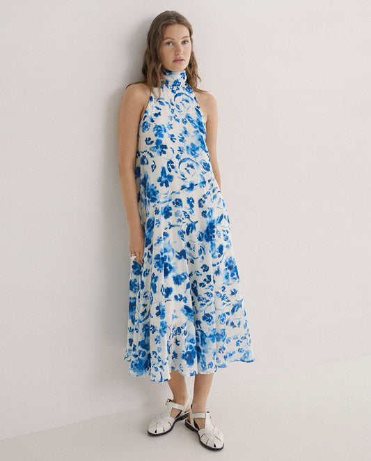 Yerse | Long Halter Dress with Bow - Blue
