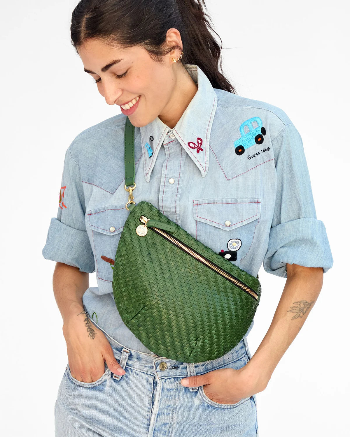 Clare V. | Grande Fanny - Evergreen Woven Zig-Zag
