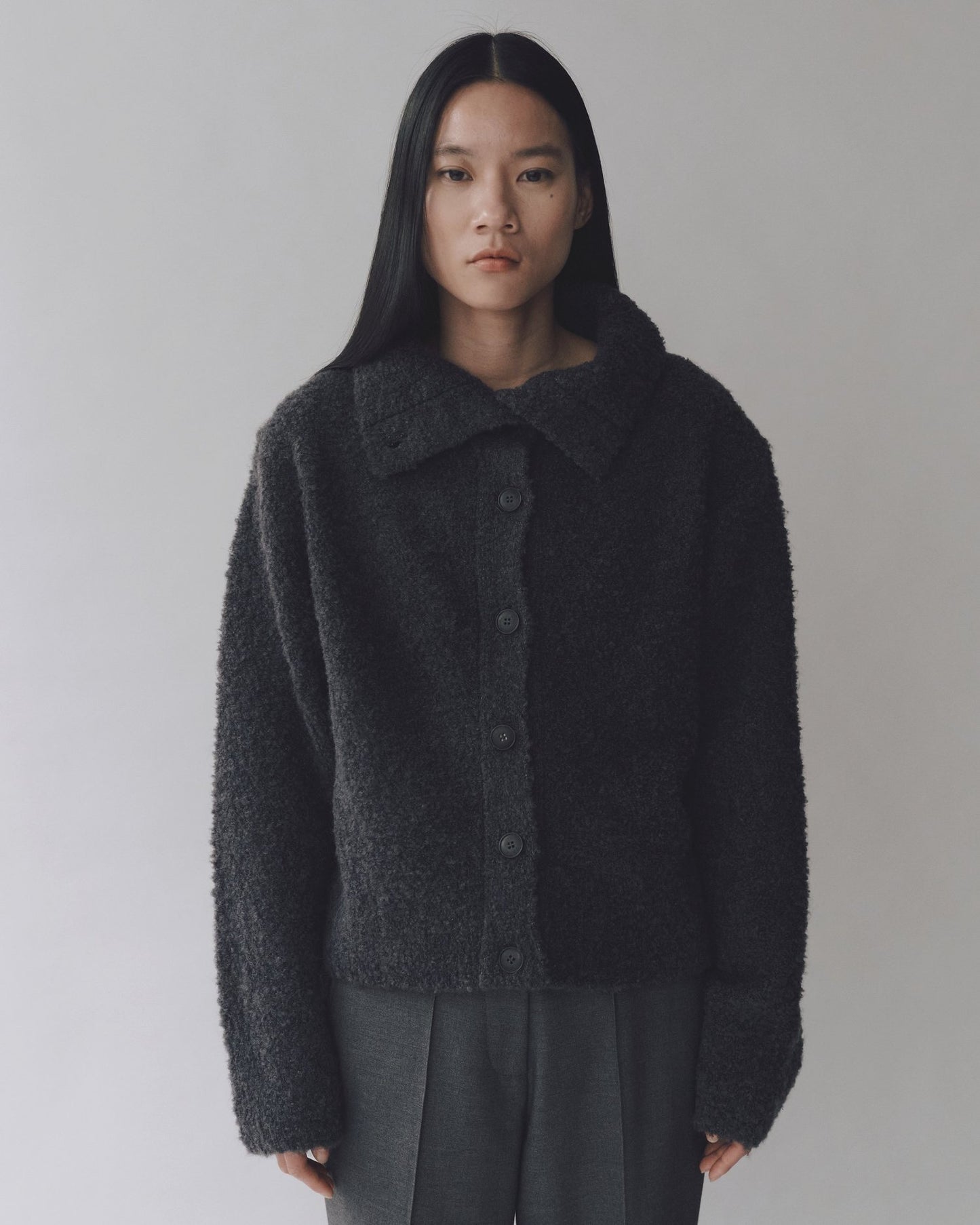 Mijeong Park | Spread Collar Boucle Cardigan - Charcoal