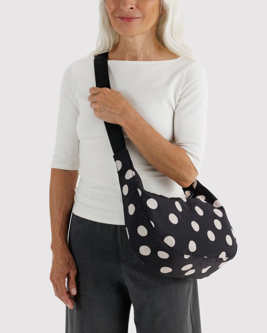 Baggu | Medium Nylon Crescent Bag - Black and Cream Polka Dot
