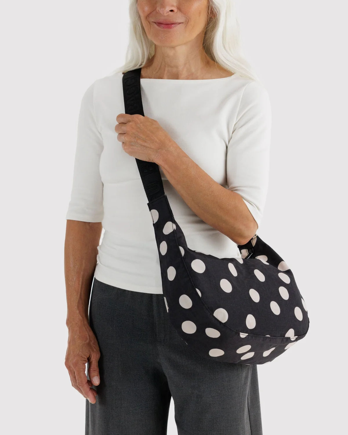 Baggu | Medium Nylon Crescent Bag - Black and Cream Polka Dot