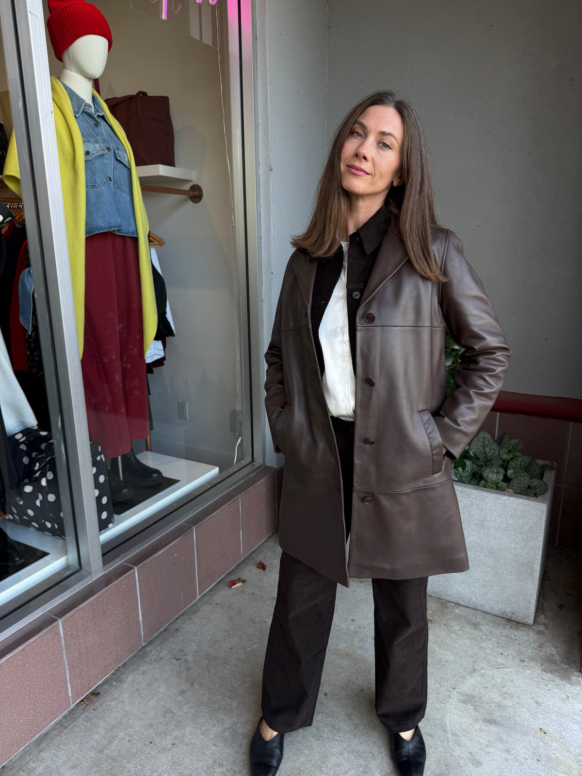 Yerse | Leather Midi Coat - Dark Brown