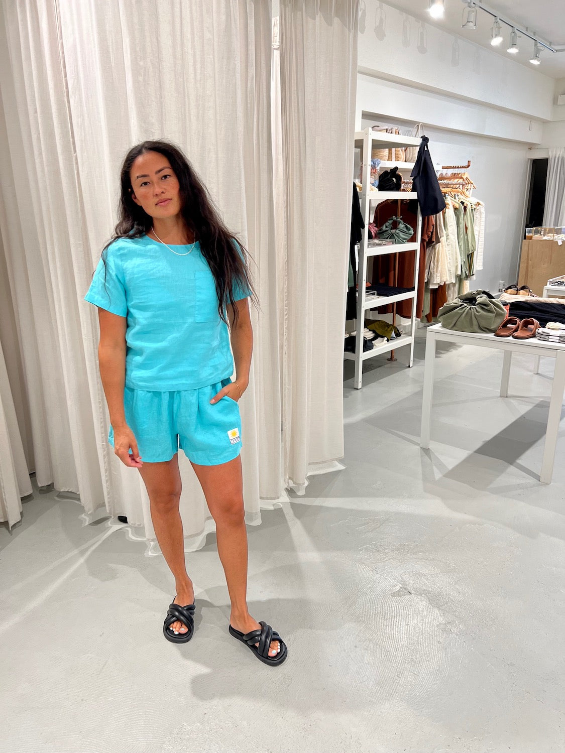 LF Markey | Basic Linen Shorts - Aqua