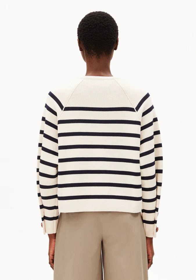 Armed Angels | Placed Stripe Knit Cardigan - Oatmilk/Night Sky