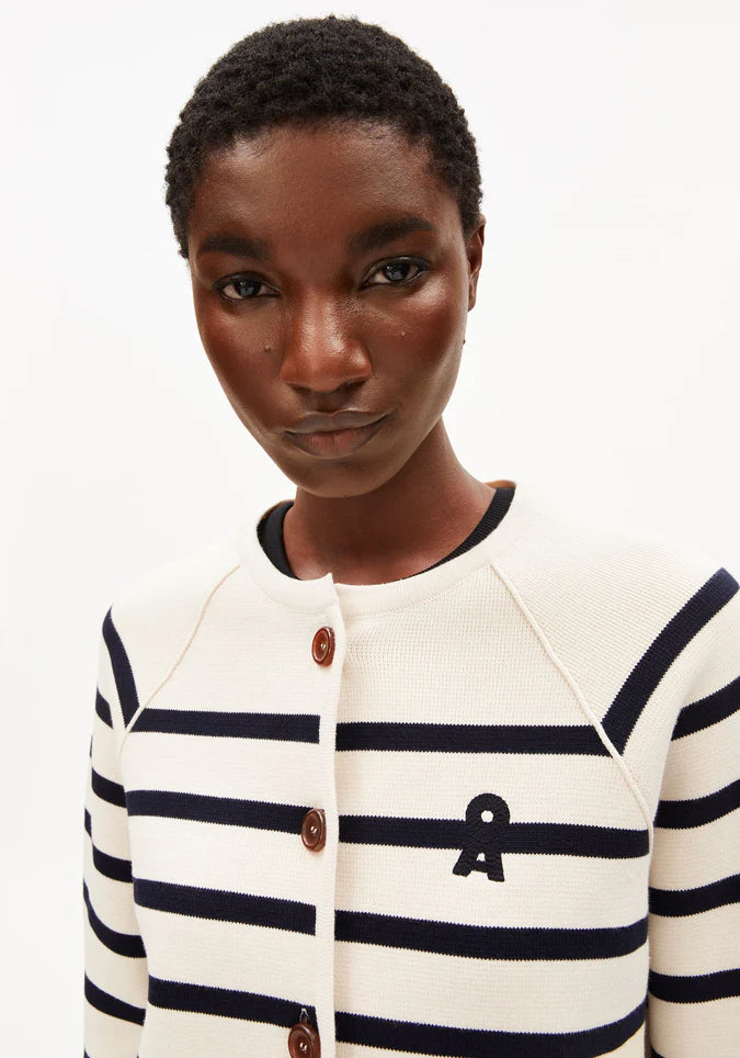 Armed Angels | Placed Stripe Knit Cardigan - Oatmilk/Night Sky