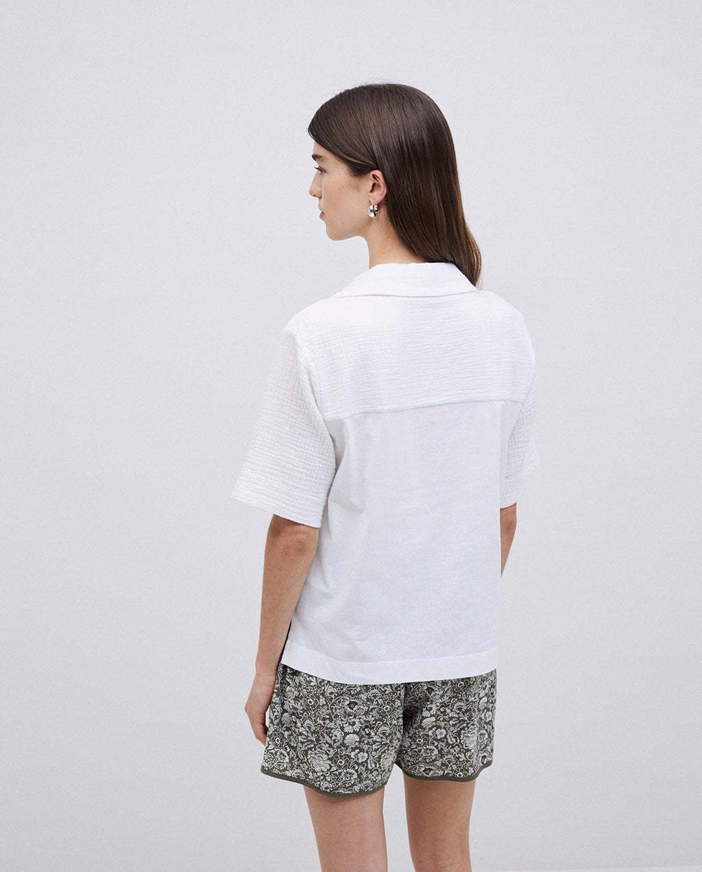 Yerse | Two Material Lapel Shirt, Gauzy Cotton - White