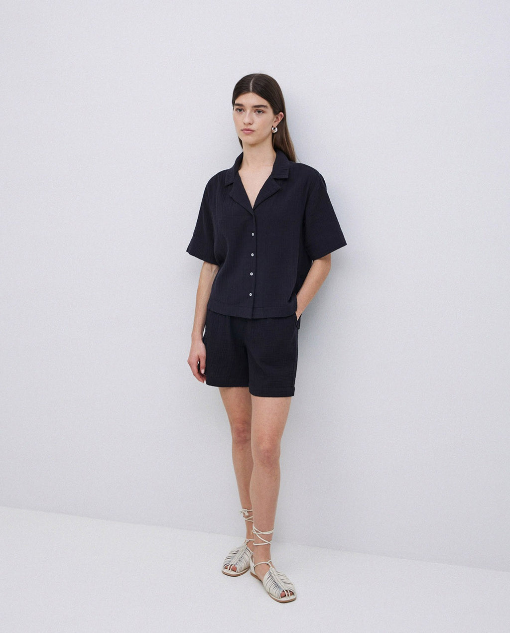 Yerse | Two Material Lapel Shirt, Gauzy Cotton - Black