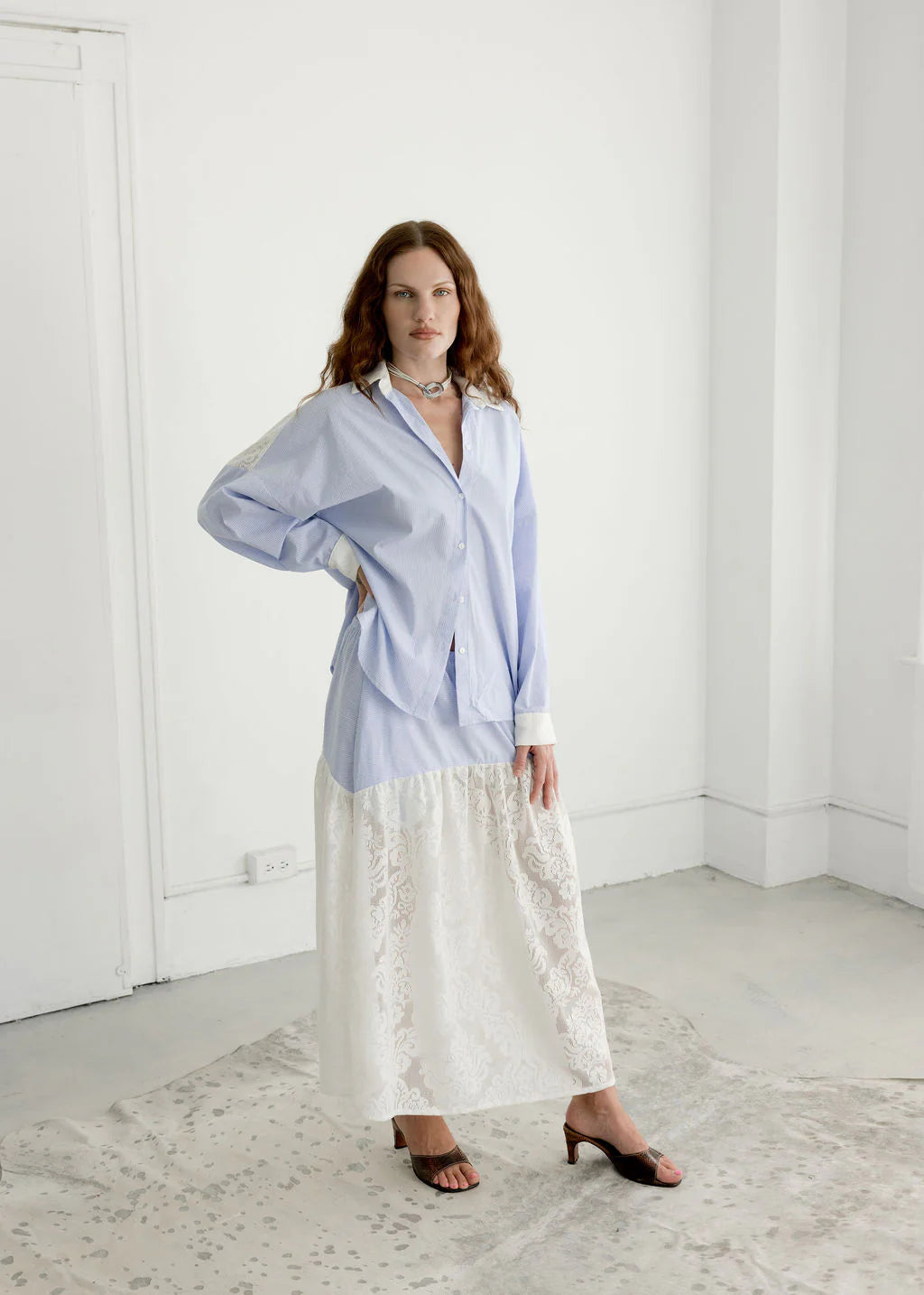 A Bronze Age | Field Skirt - Tabitha lace / Micro Blue Stripe