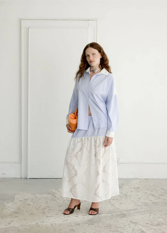 A Bronze Age | Field Skirt - Tabitha lace / Micro Blue Stripe