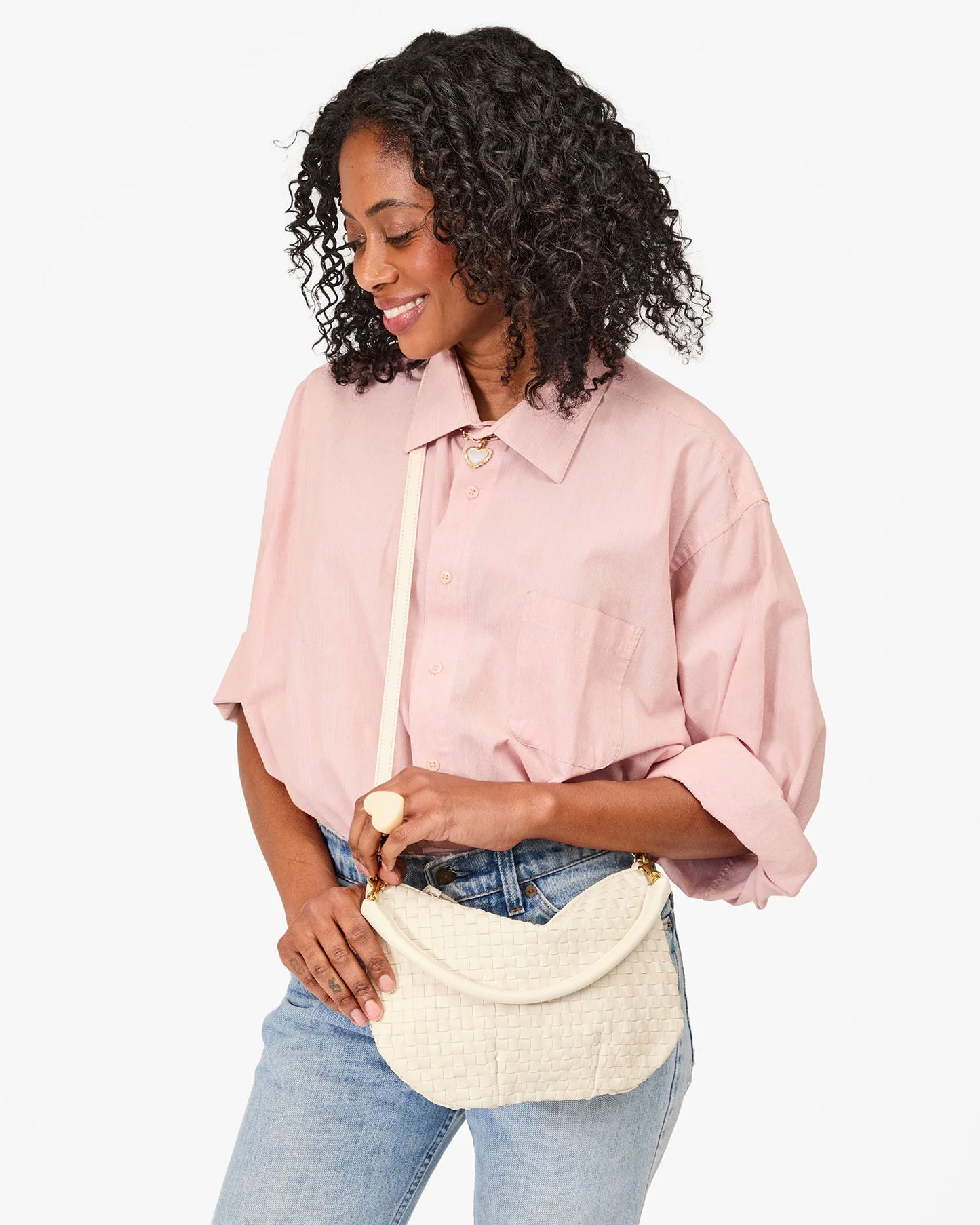 Clare V. | Petit Moyen Messenger - Cream Woven Checker