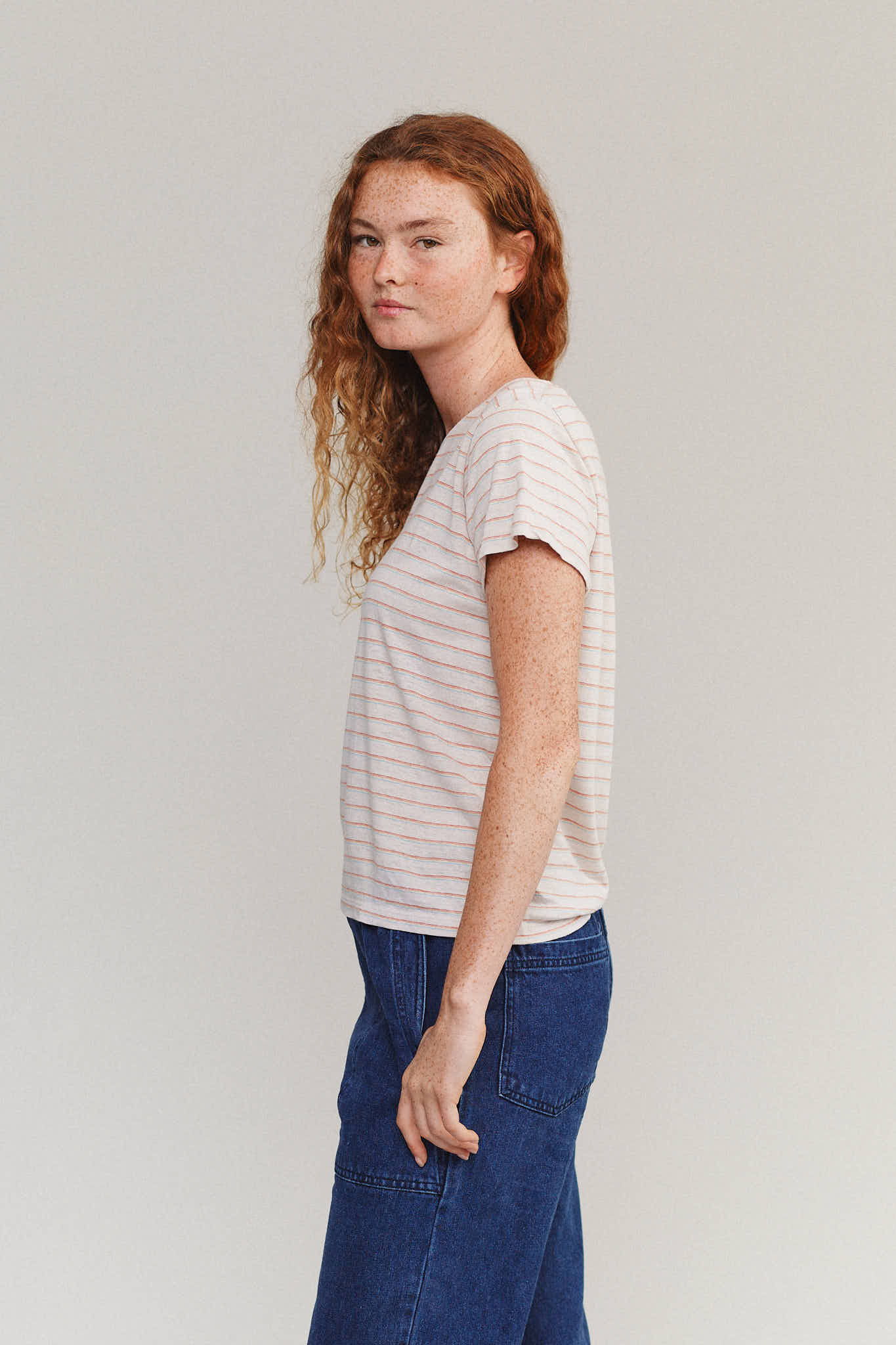 Jungmaven | Cropped Lorel Tee - Rainbow/Beige Striped