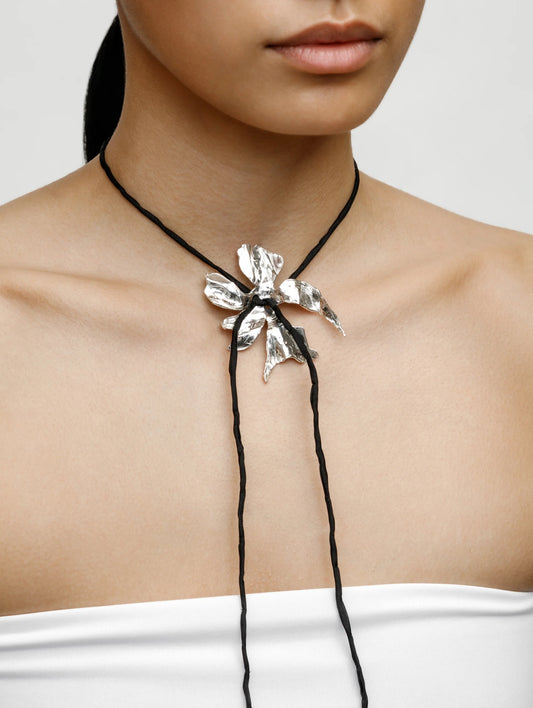 Wolf Circus | Silver Flower Cord Necklace - Black