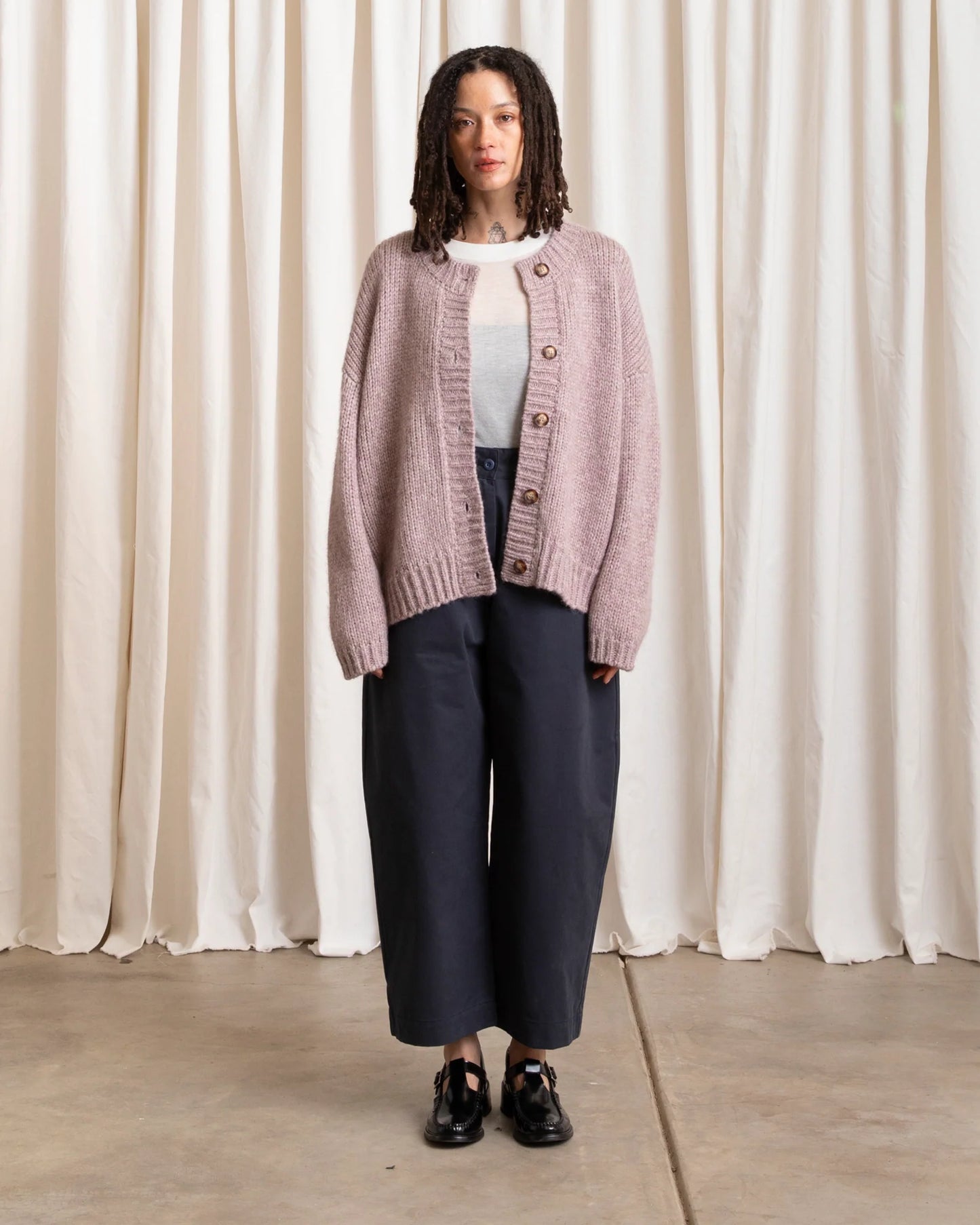 Ali Golden | Merino Crew Neck Cardigan - Muted Lilac